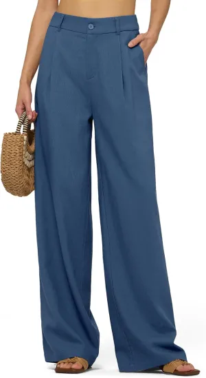 Women's Linen Pants Wide Leg Dressy Casual Beach Linen Pants Summer with Pockets 29" 31"
