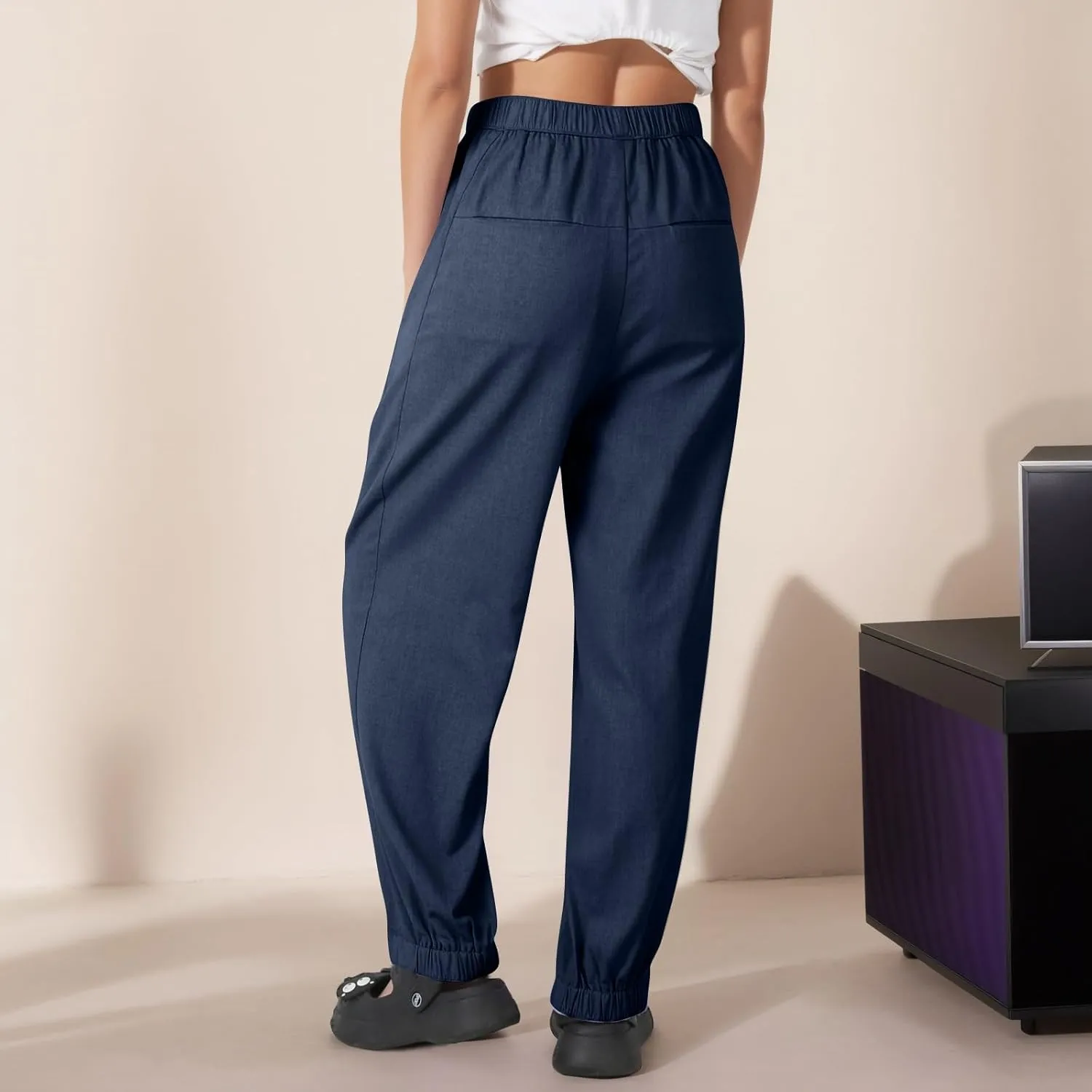 Women's Linen Summer Harem Pants High Waisted Baggy Beach Palazzo Cargo Pants Ankle Length Trouser Slacks with Pocket