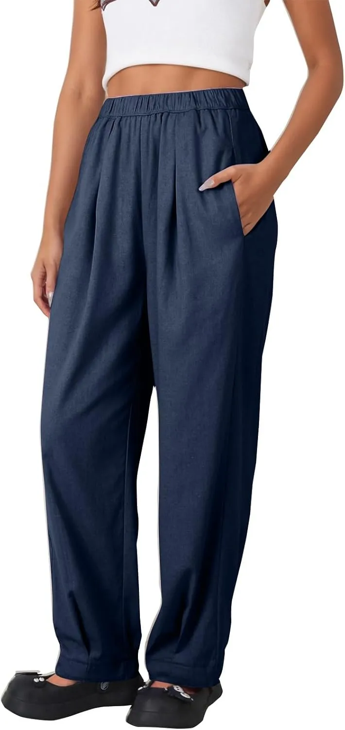 Women's Linen Summer Harem Pants High Waisted Baggy Beach Palazzo Cargo Pants Ankle Length Trouser Slacks with Pocket