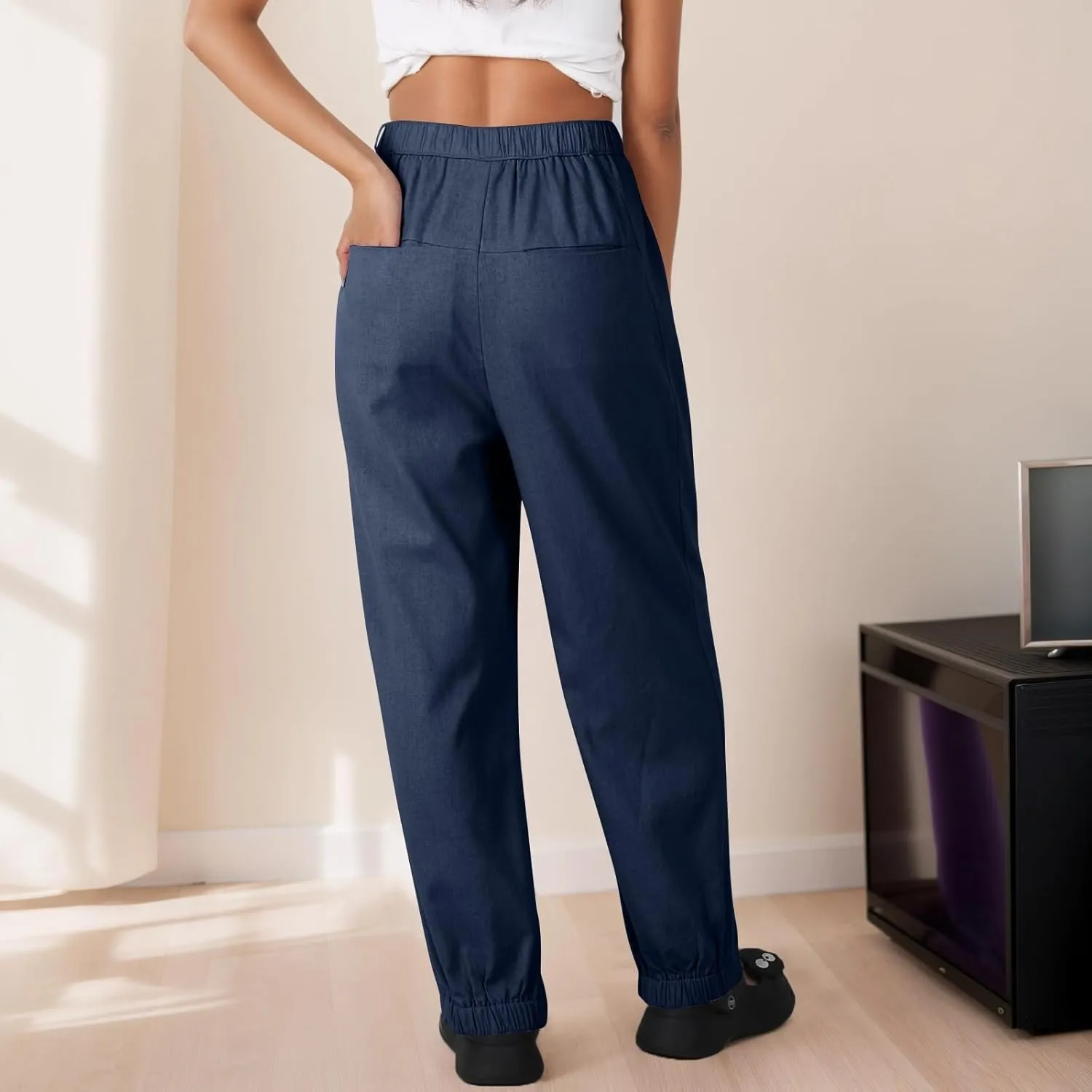 Women's Linen Summer Harem Pants High Waisted Baggy Beach Palazzo Cargo Pants Ankle Length Trouser Slacks with Pocket