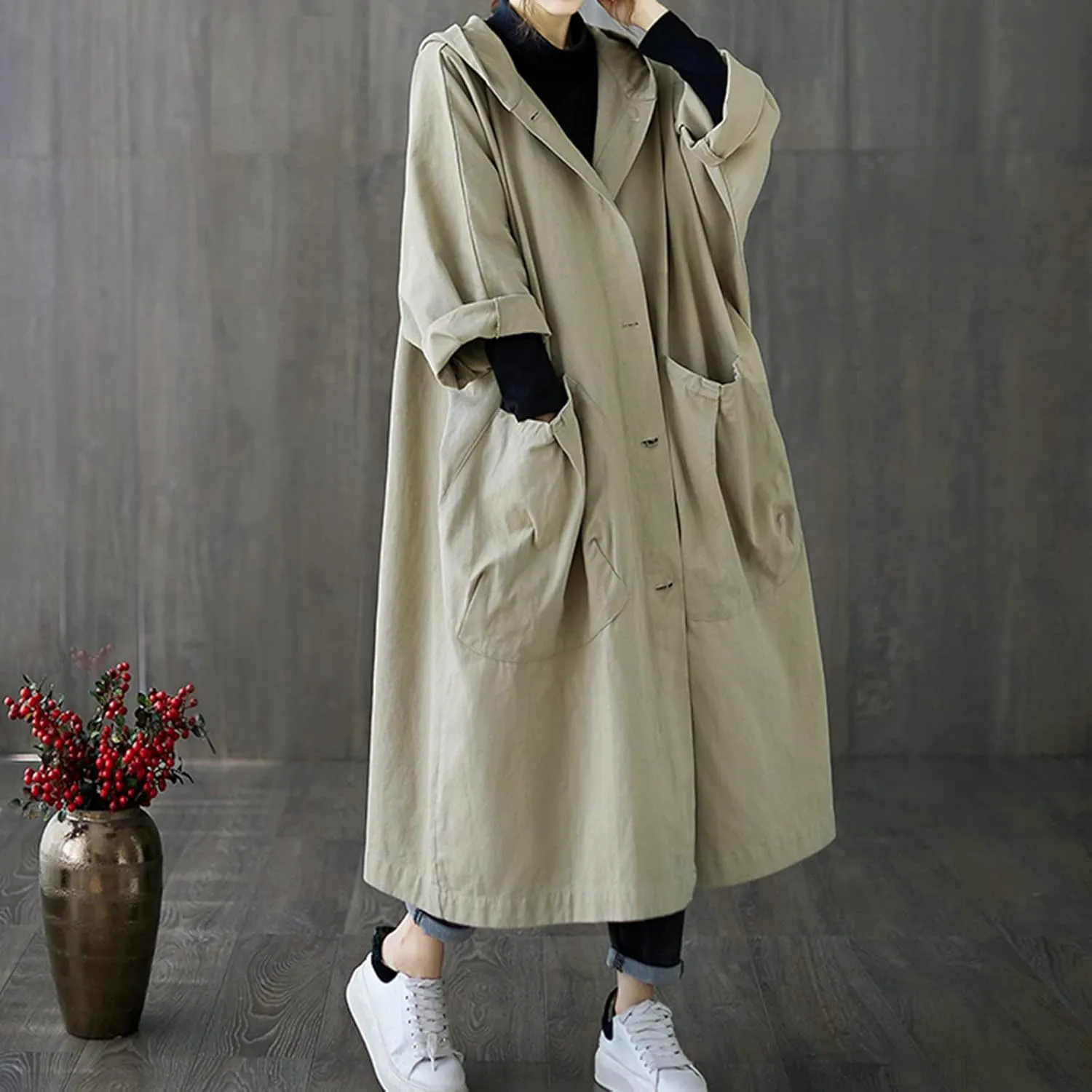 Womens Long Breasted Trench Coat Midi Length Overcoat Jacket Women Anorak