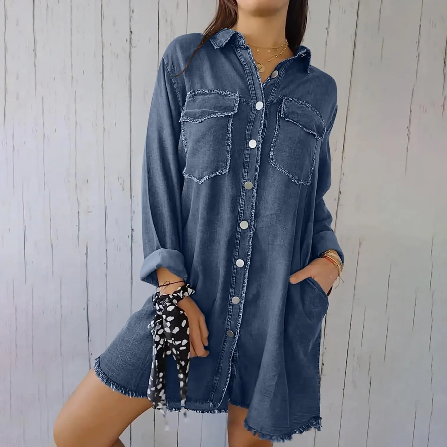 Womens Long Denim Jackets Plus Size Trench Coat Open Front Cardigan Button Down Long Sleeve Classic Jeans Jackets