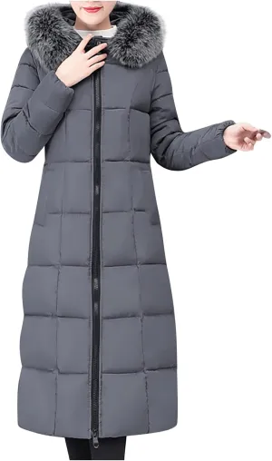 Women's Long Down Coat Winter Maxi Puffer Jacket with Fur Collar Thickened Parka Long Maxi Outdoor Overcoat Outwear