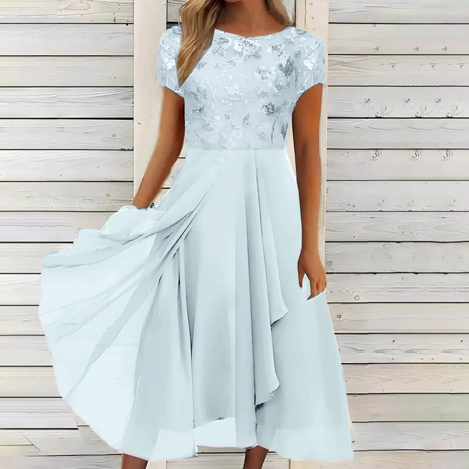 Women's Long Dresses Elegant Lace Splicing Solid Color Evening Gown Short Sleeve Cocktail Wedding Dresses, S-3XL