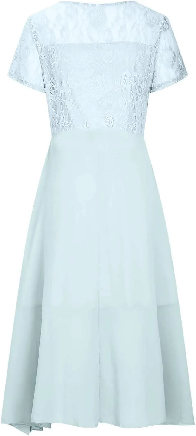 Women's Long Dresses Elegant Lace Splicing Solid Color Evening Gown Short Sleeve Cocktail Wedding Dresses, S-3XL