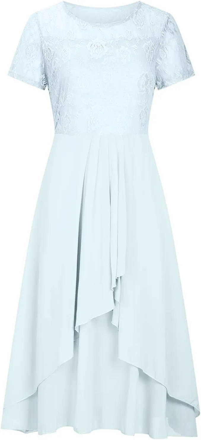 Women's Long Dresses Elegant Lace Splicing Solid Color Evening Gown Short Sleeve Cocktail Wedding Dresses, S-3XL