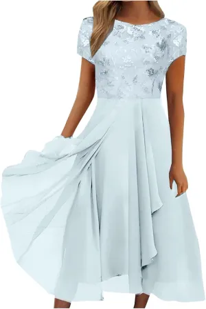 Women's Long Dresses Elegant Lace Splicing Solid Color Evening Gown Short Sleeve Cocktail Wedding Dresses, S-3XL