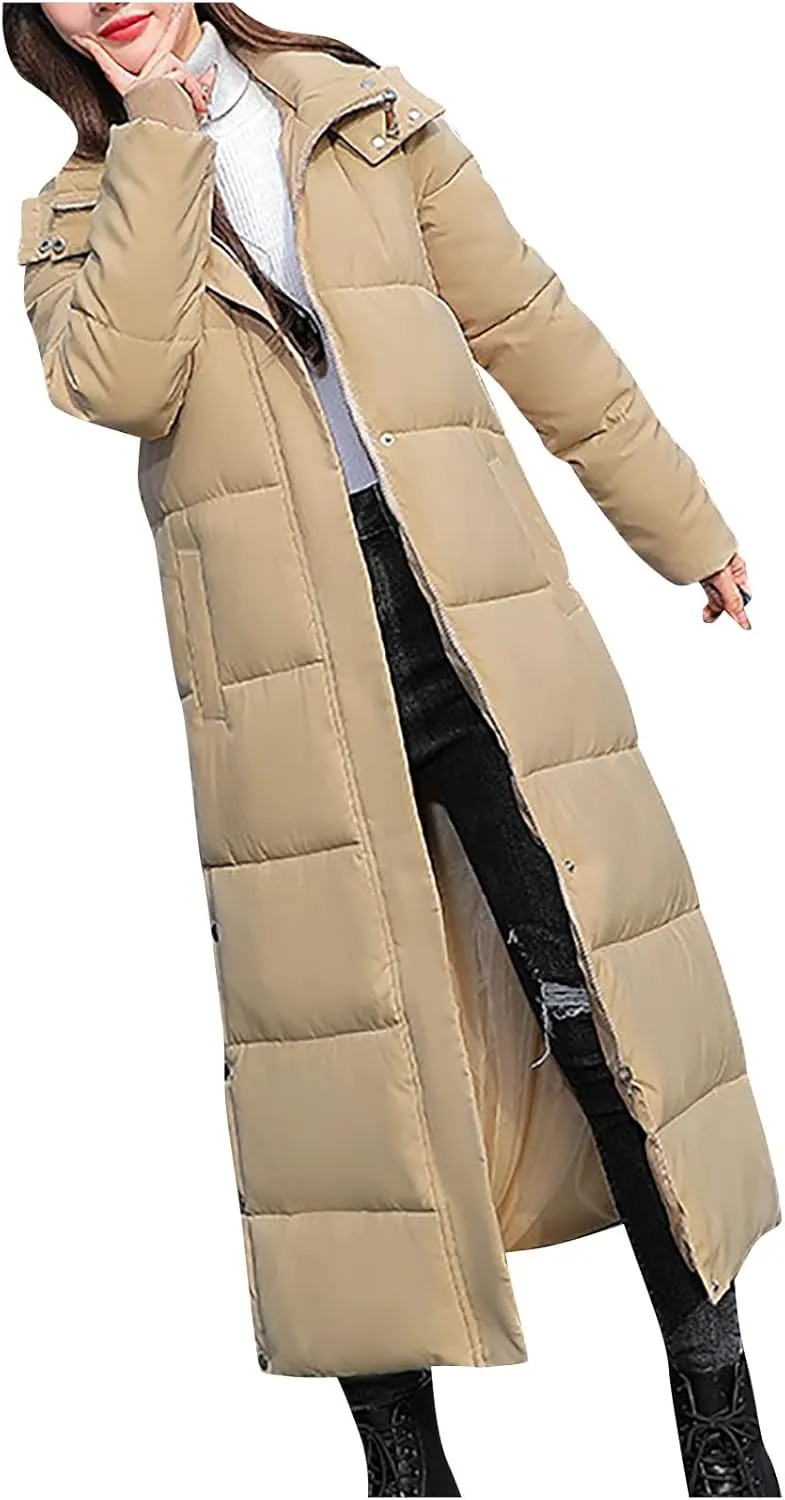 Womens Long Hooded Puffer Jackets Plus Size Lightweight Quilted Jackets Thicken Down Coats Warm Outerwear with Pockets