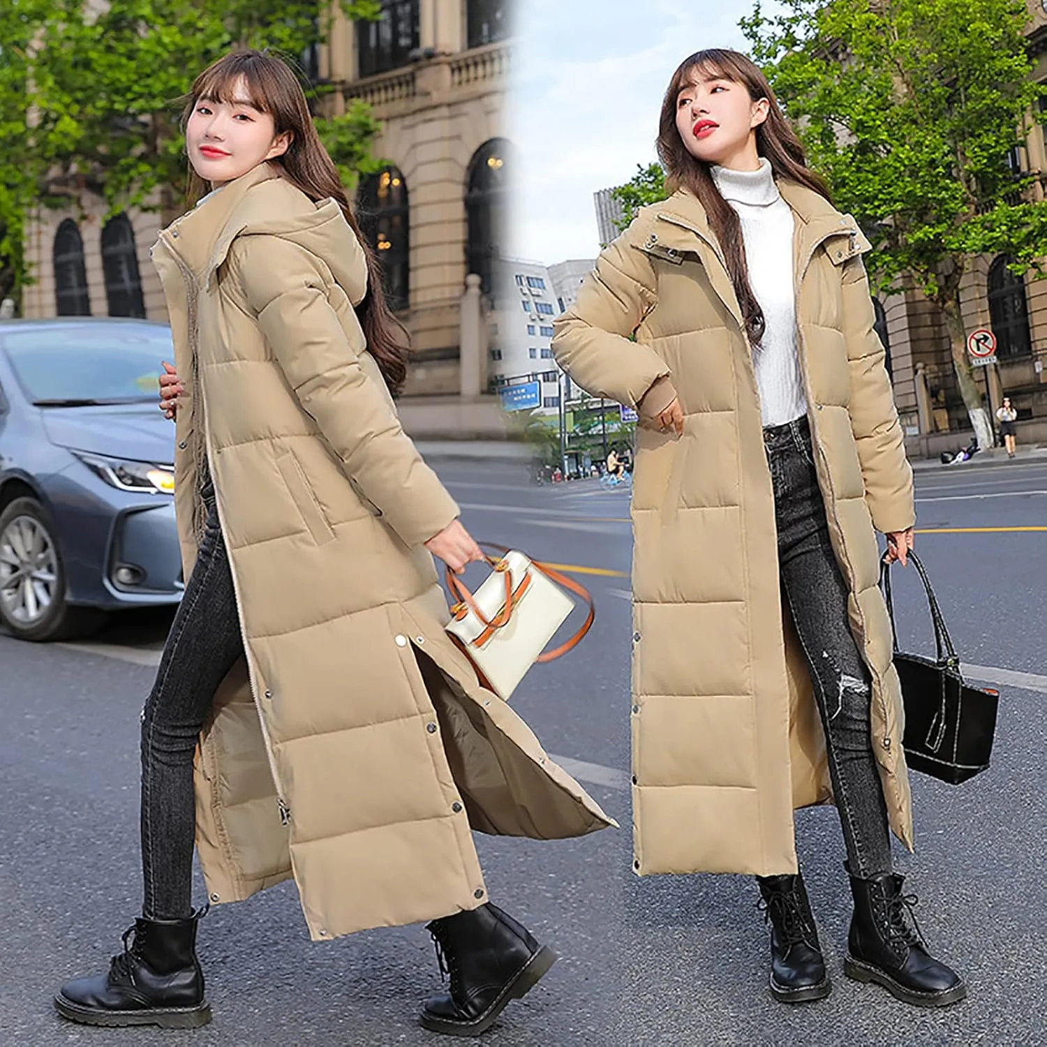 Womens Long Hooded Puffer Jackets Plus Size Lightweight Quilted Jackets Thicken Down Coats Warm Outerwear with Pockets