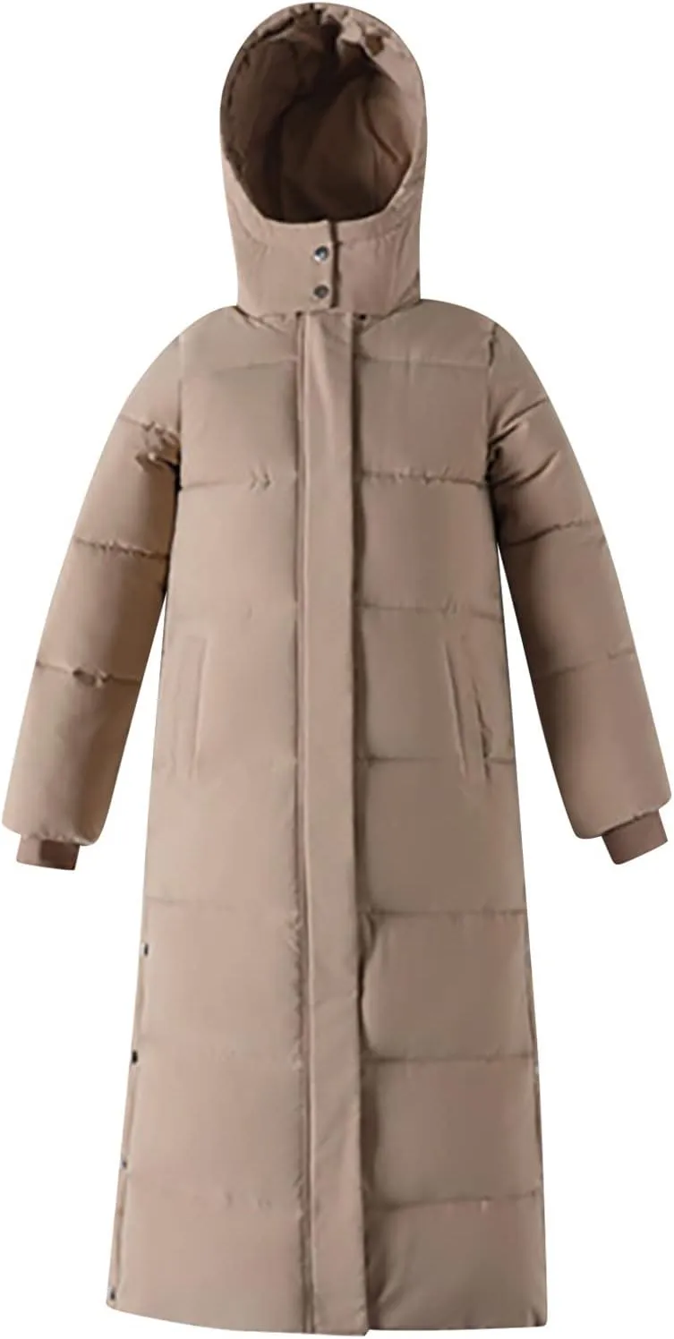 Womens Long Hooded Puffer Jackets Plus Size Lightweight Quilted Jackets Thicken Down Coats Warm Outerwear with Pockets
