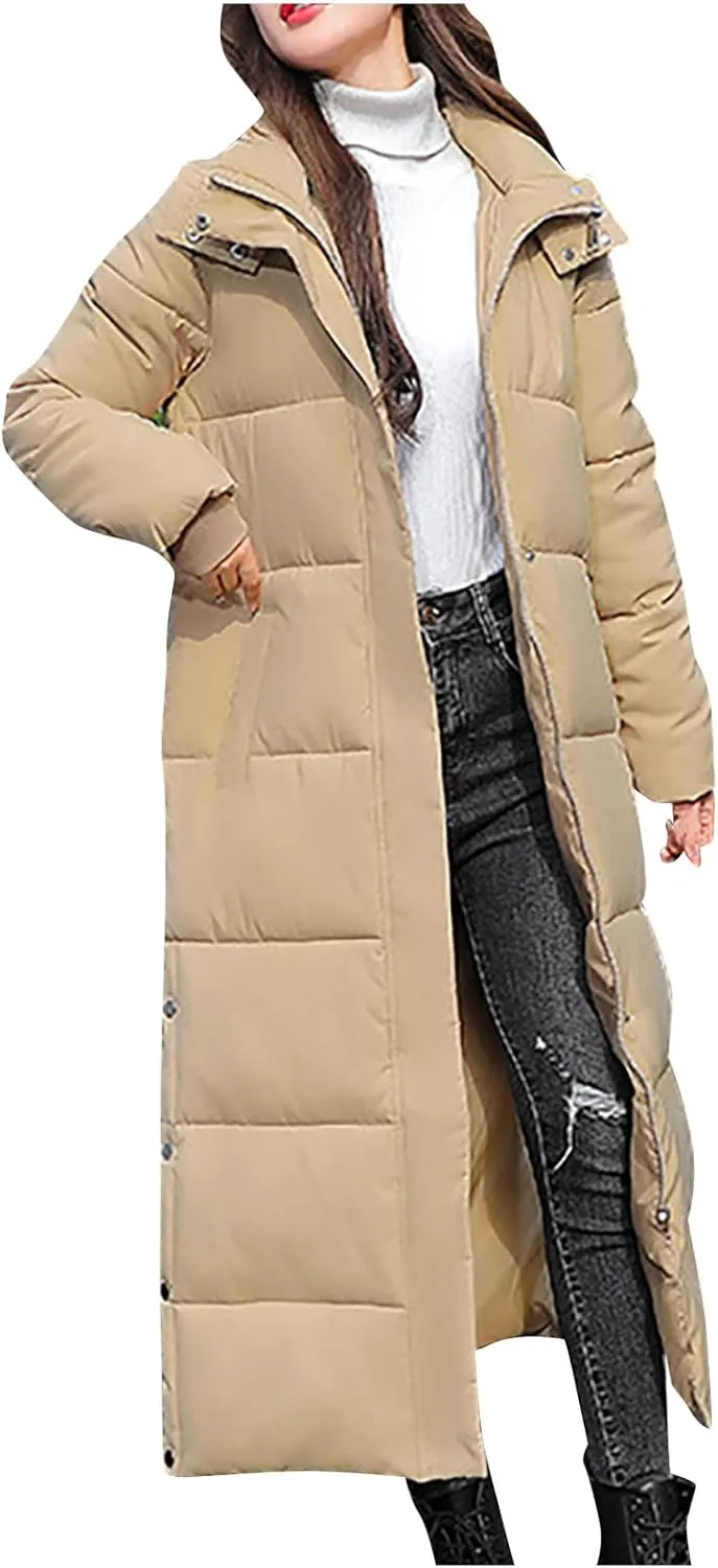 Womens Long Hooded Puffer Jackets Plus Size Lightweight Quilted Jackets Thicken Down Coats Warm Outerwear with Pockets