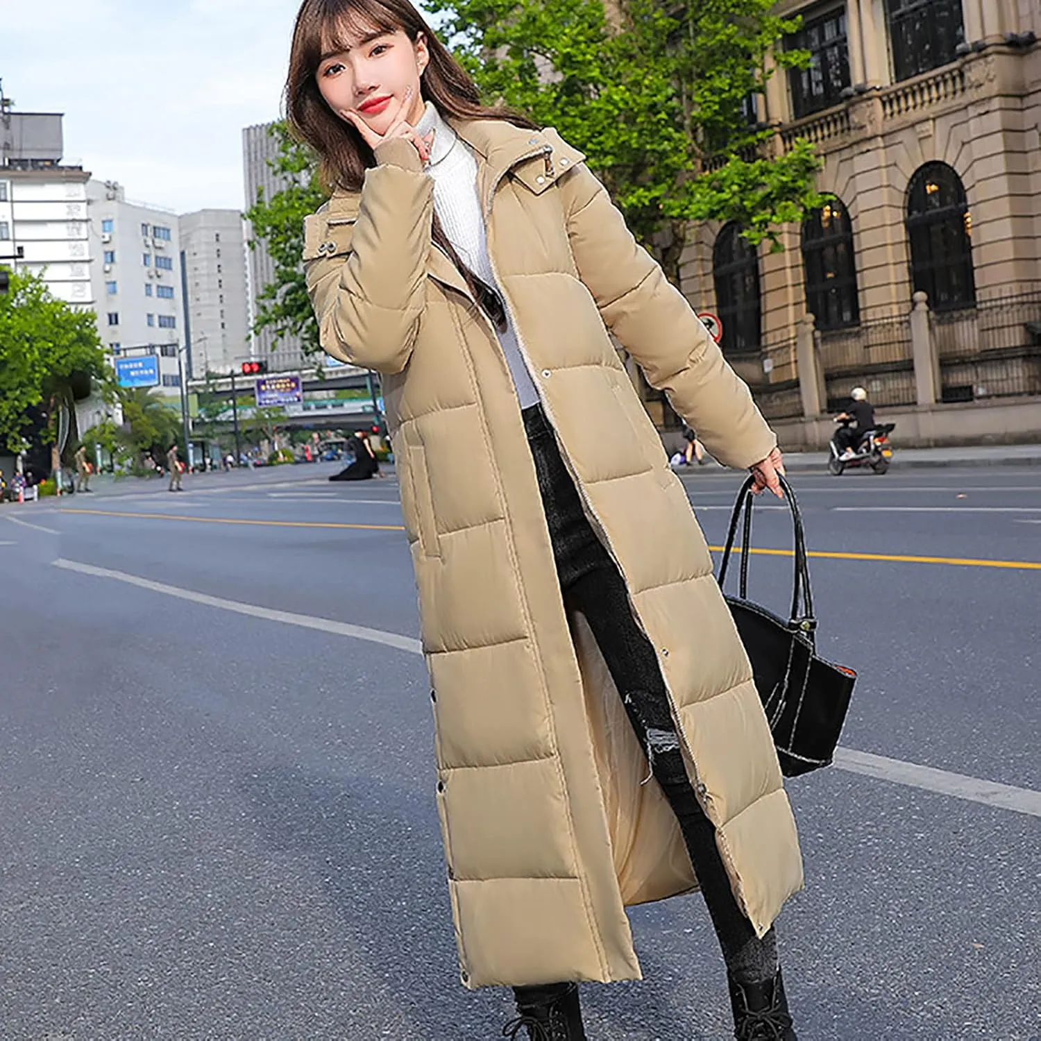 Womens Long Hooded Puffer Jackets Plus Size Lightweight Quilted Jackets Thicken Down Coats Warm Outerwear with Pockets