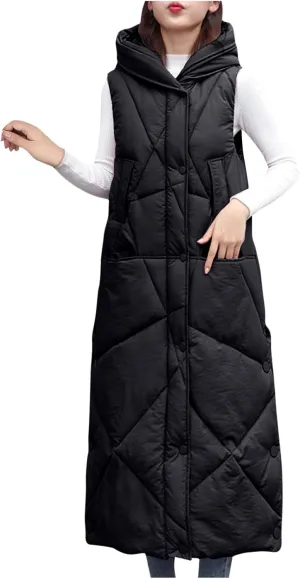 Women's Long Puffer Vest Quilted Down Waistcoat Sleeveless Puffy Jacket Hooded Knee Length Snap Zipper Gilet