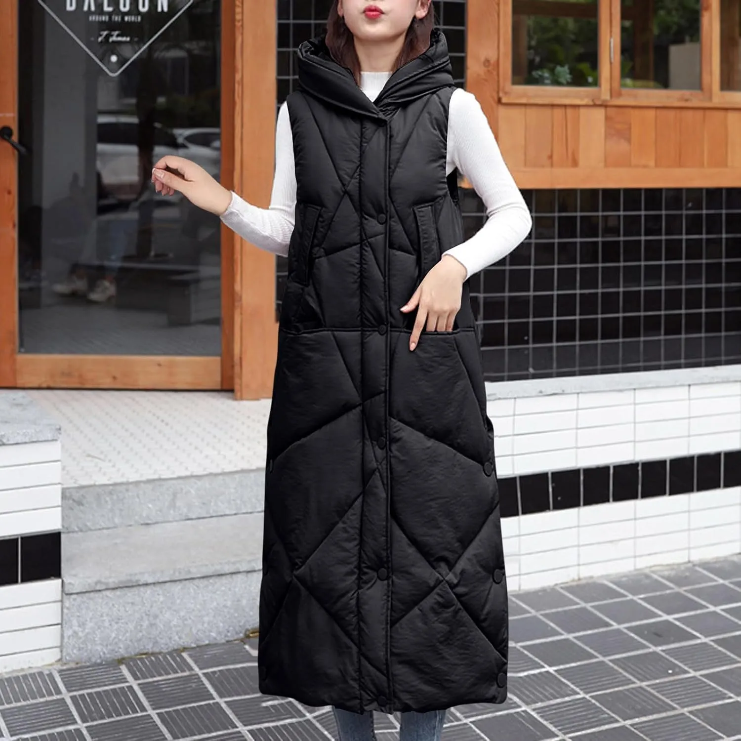 Women's Long Puffer Vest Quilted Down Waistcoat Sleeveless Puffy Jacket Hooded Knee Length Snap Zipper Gilet