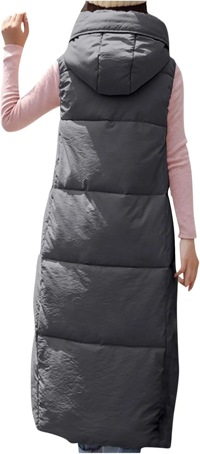 Women's Long Puffer Vest Quilted Down Waistcoat Sleeveless Puffy Jacket Hooded Knee Length Snap Zipper Gilet