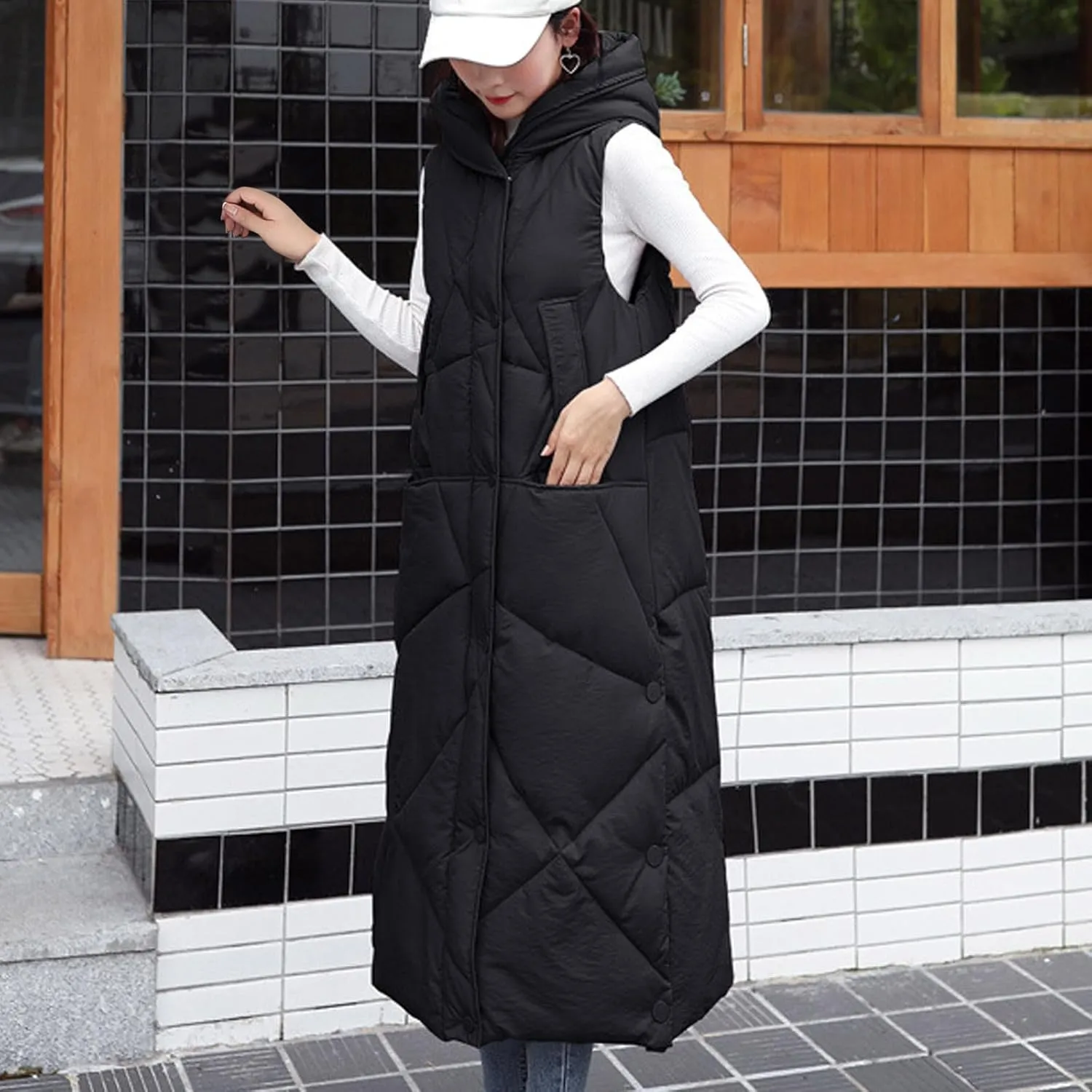 Women's Long Puffer Vest Quilted Down Waistcoat Sleeveless Puffy Jacket Hooded Knee Length Snap Zipper Gilet