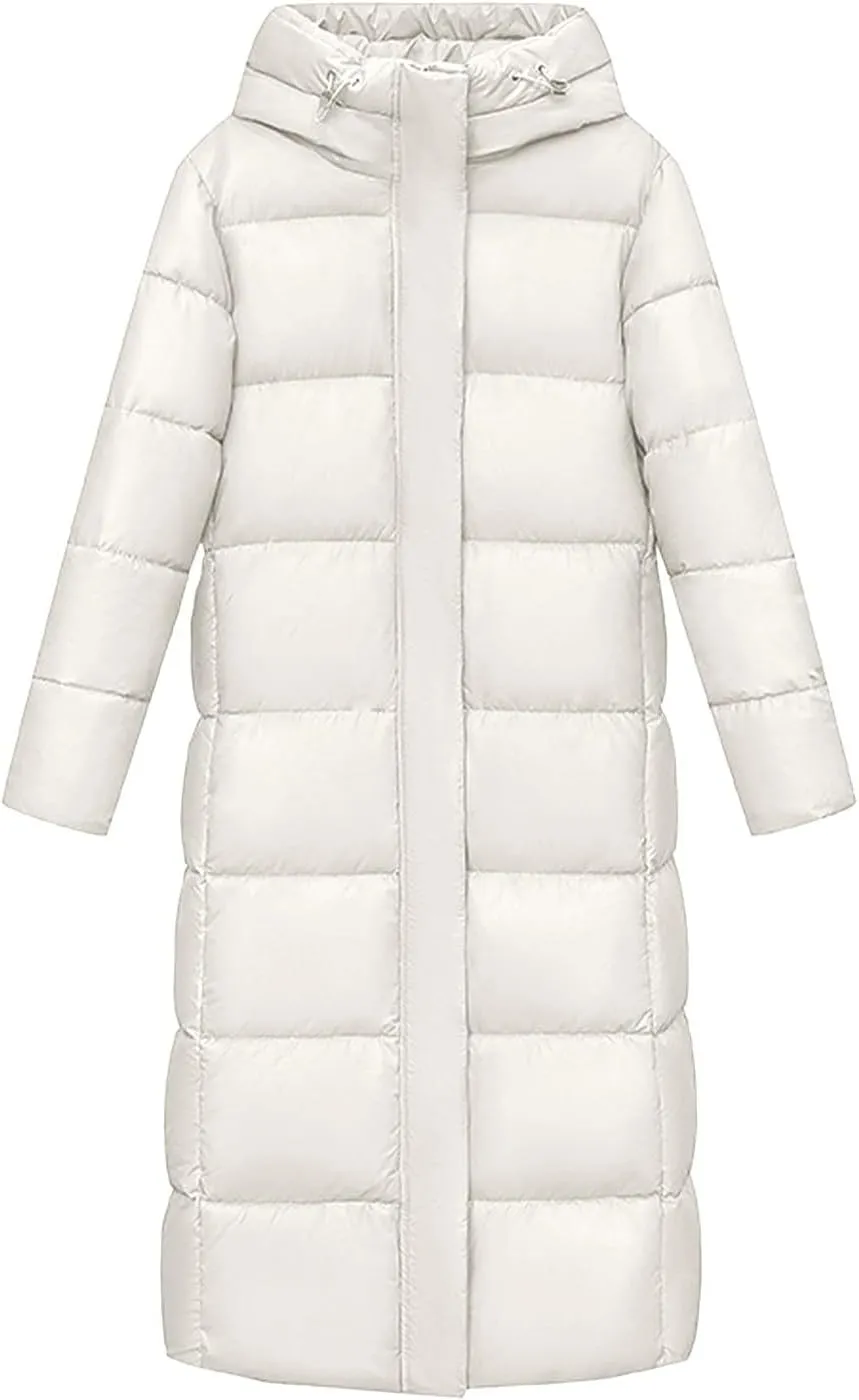 Women's Long Quilted Down Jacket Winter Thickened Hooded Zip Up Thermal Maxi Length Outwear Windproof Puffer Jackets