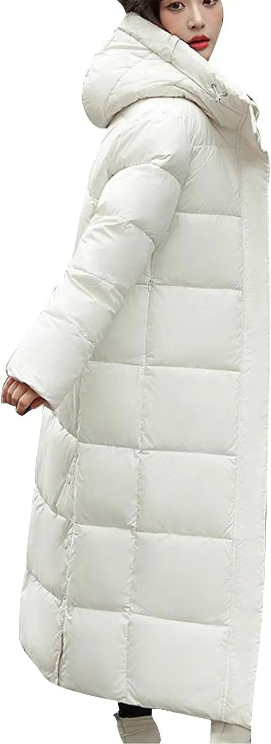 Women's Long Quilted Down Jacket Winter Thickened Hooded Zip Up Thermal Maxi Length Outwear Windproof Puffer Jackets