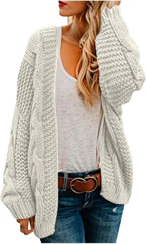 Womens Long Sleeve Chunky Knit Cardigan Open Front Cozy Oversized Sweater Coat Fashion Solid Loungewear with Pocket