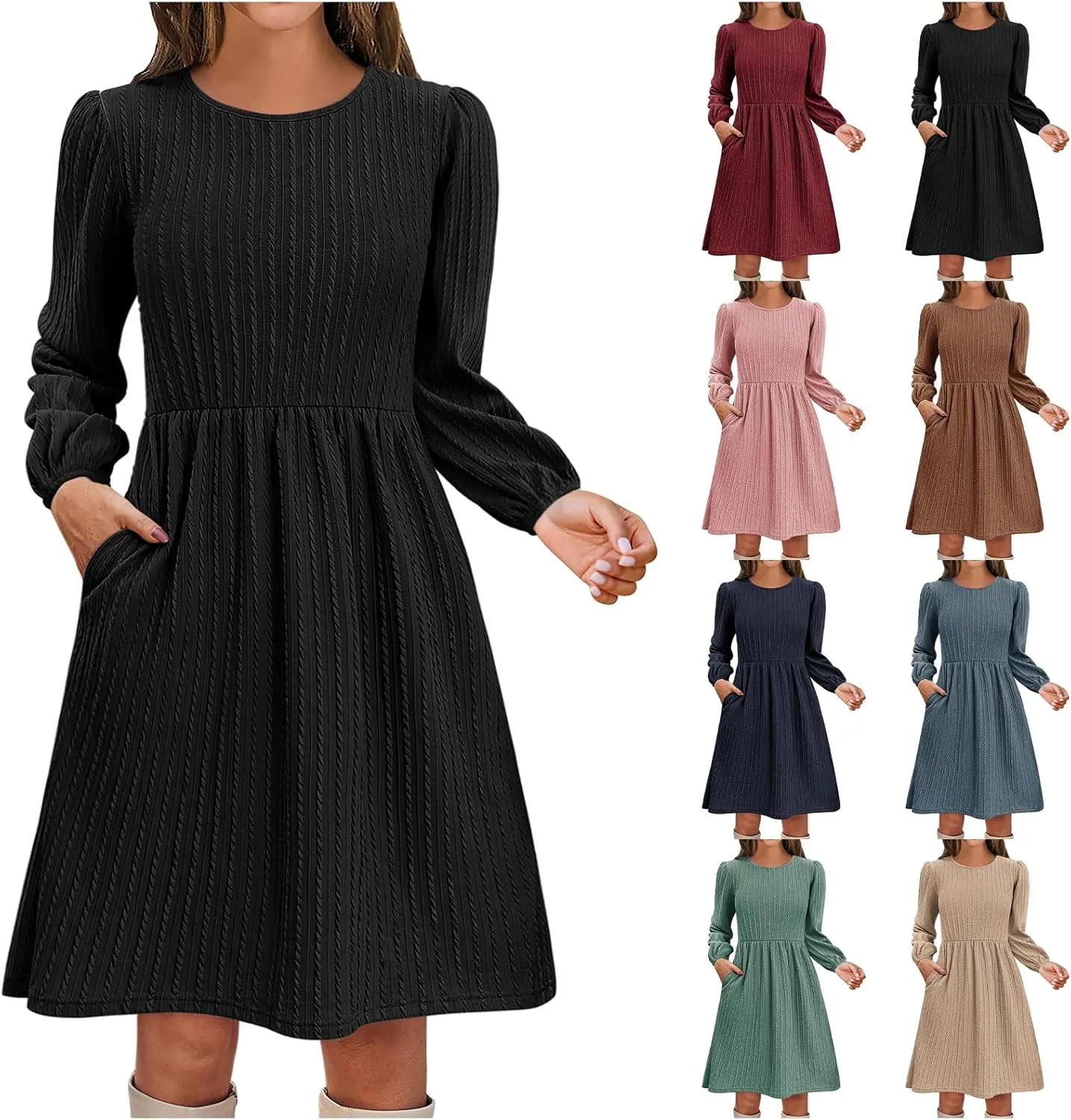Womens Long Sleeve Knit Sweater Dress Casual Fall Winter Crewneck Mini Dresses A-Line Knee Length Dress
