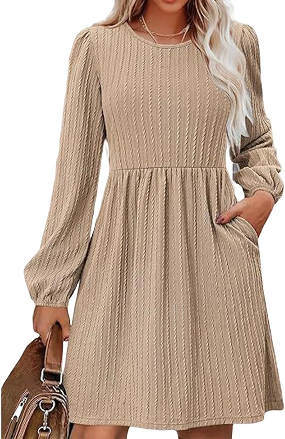 Womens Long Sleeve Knit Sweater Dress Casual Fall Winter Crewneck Mini Dresses A-Line Knee Length Dress