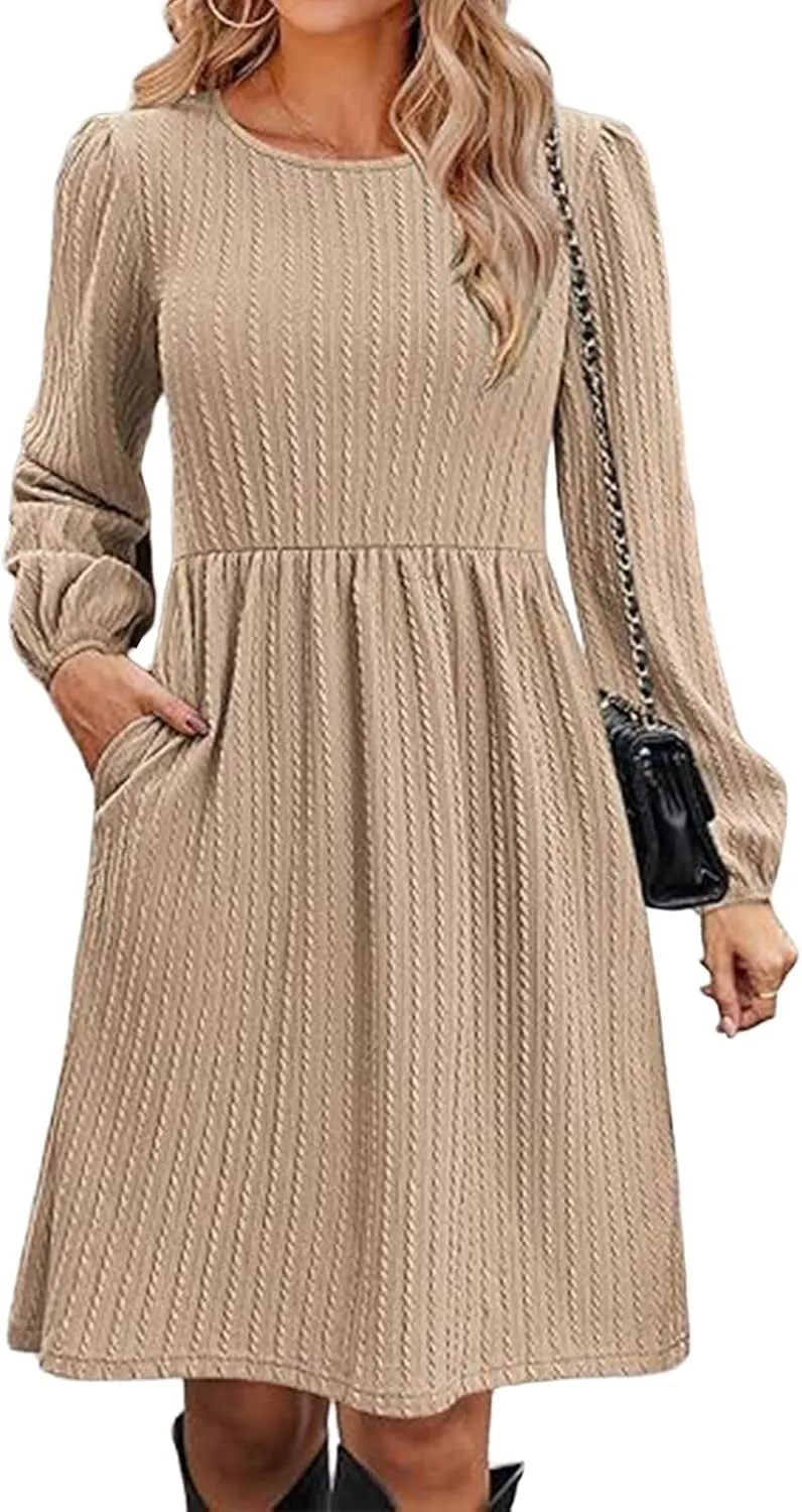 Womens Long Sleeve Knit Sweater Dress Casual Fall Winter Crewneck Mini Dresses A-Line Knee Length Dress