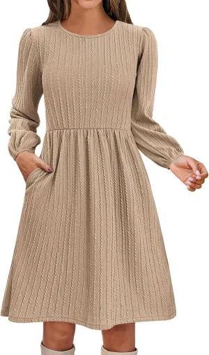 Womens Long Sleeve Knit Sweater Dress Casual Fall Winter Crewneck Mini Dresses A-Line Knee Length Dress