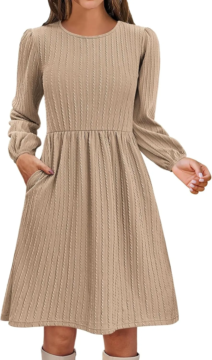 Womens Long Sleeve Knit Sweater Dress Casual Fall Winter Crewneck Mini Dresses A-Line Knee Length Dress