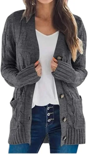 Womens Open Front Cardigan Sweater Cable Knit Chunky Outerwear Coats Button Down Cardigans