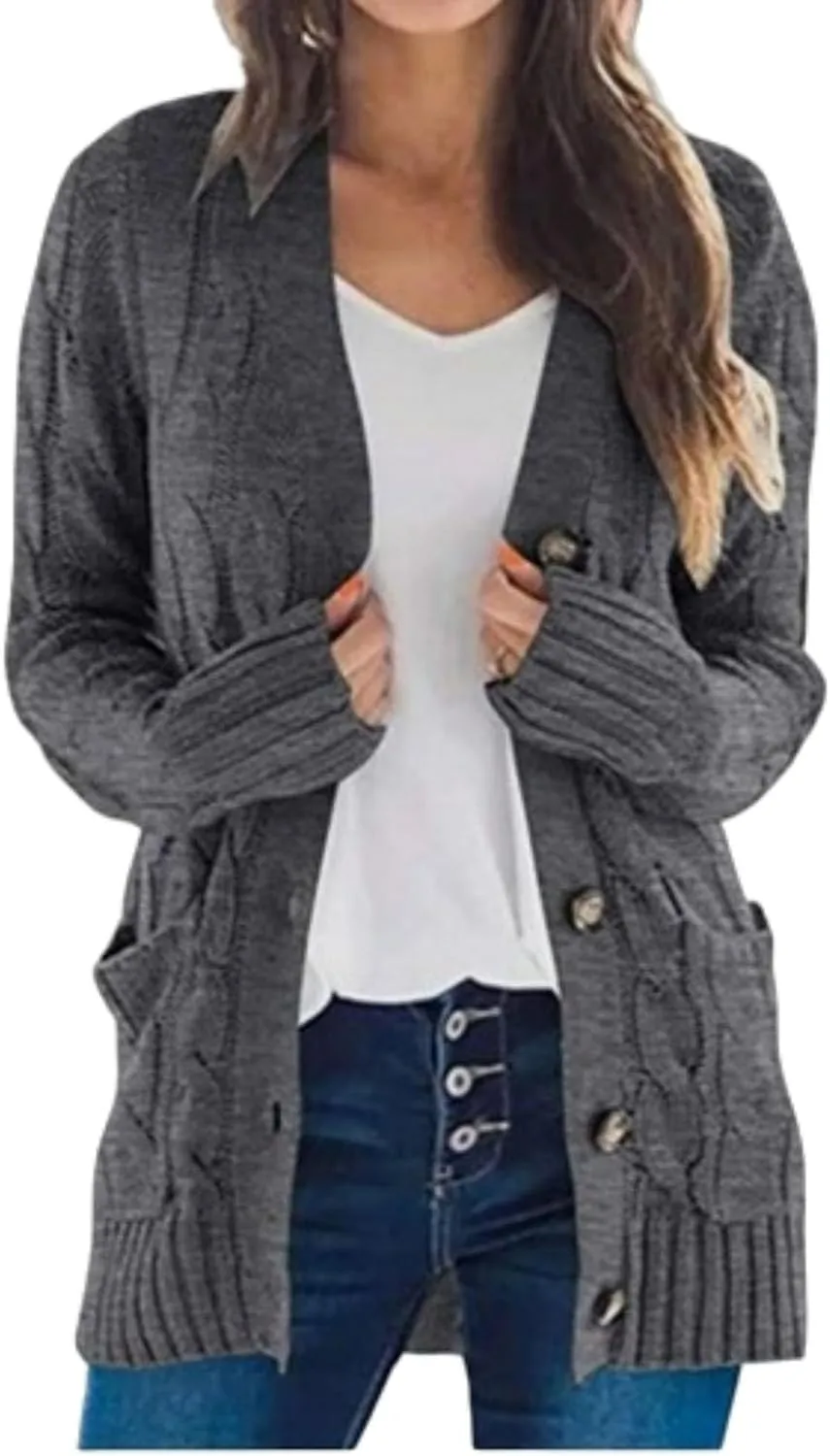 Womens Open Front Cardigan Sweater Cable Knit Chunky Outerwear Coats Button Down Cardigans