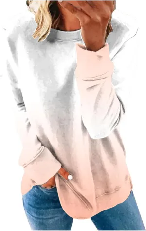 Womens Oversized Sweatshirts Hoodies Casual Long Sleeve Crew Neck Pullover Tops Fashion Gradient Color Sweater