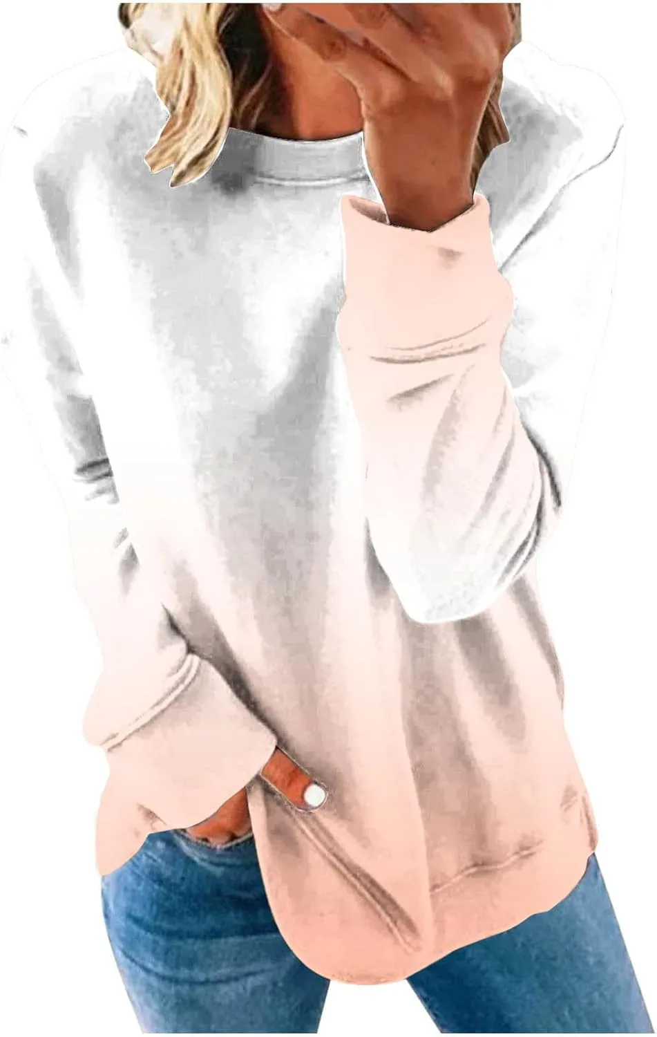 Womens Oversized Sweatshirts Hoodies Casual Long Sleeve Crew Neck Pullover Tops Fashion Gradient Color Sweater