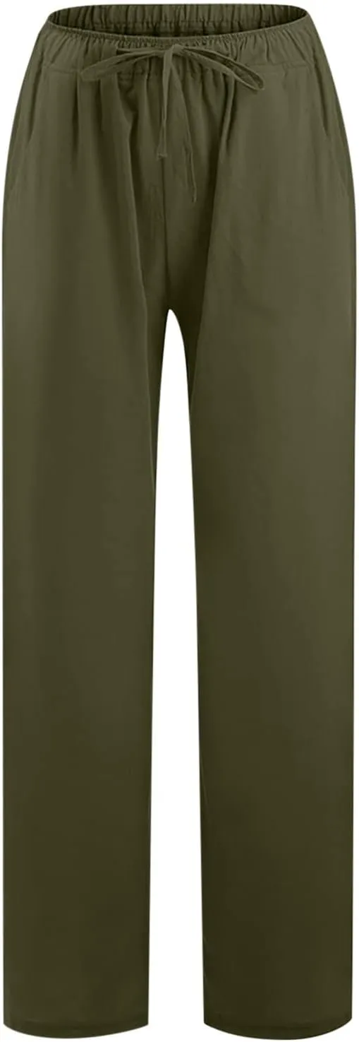 Women's Palazzo Pants Wide Leg Linen Pants Loose Flowy Pants High Waisted Summer Pants Trendy Trousers with Pockets