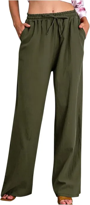 Women's Palazzo Pants Wide Leg Linen Pants Loose Flowy Pants High Waisted Summer Pants Trendy Trousers with Pockets