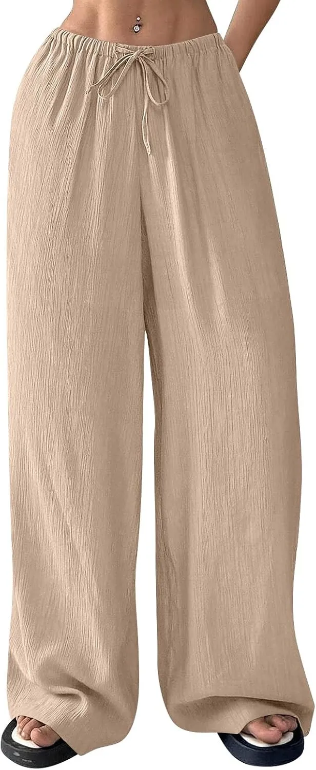 Women's Pants Elastic Waist Drawstring Sumemr Pants Straight Wide Leg High Waisted with Pockets Comfy Slacks Clothes
