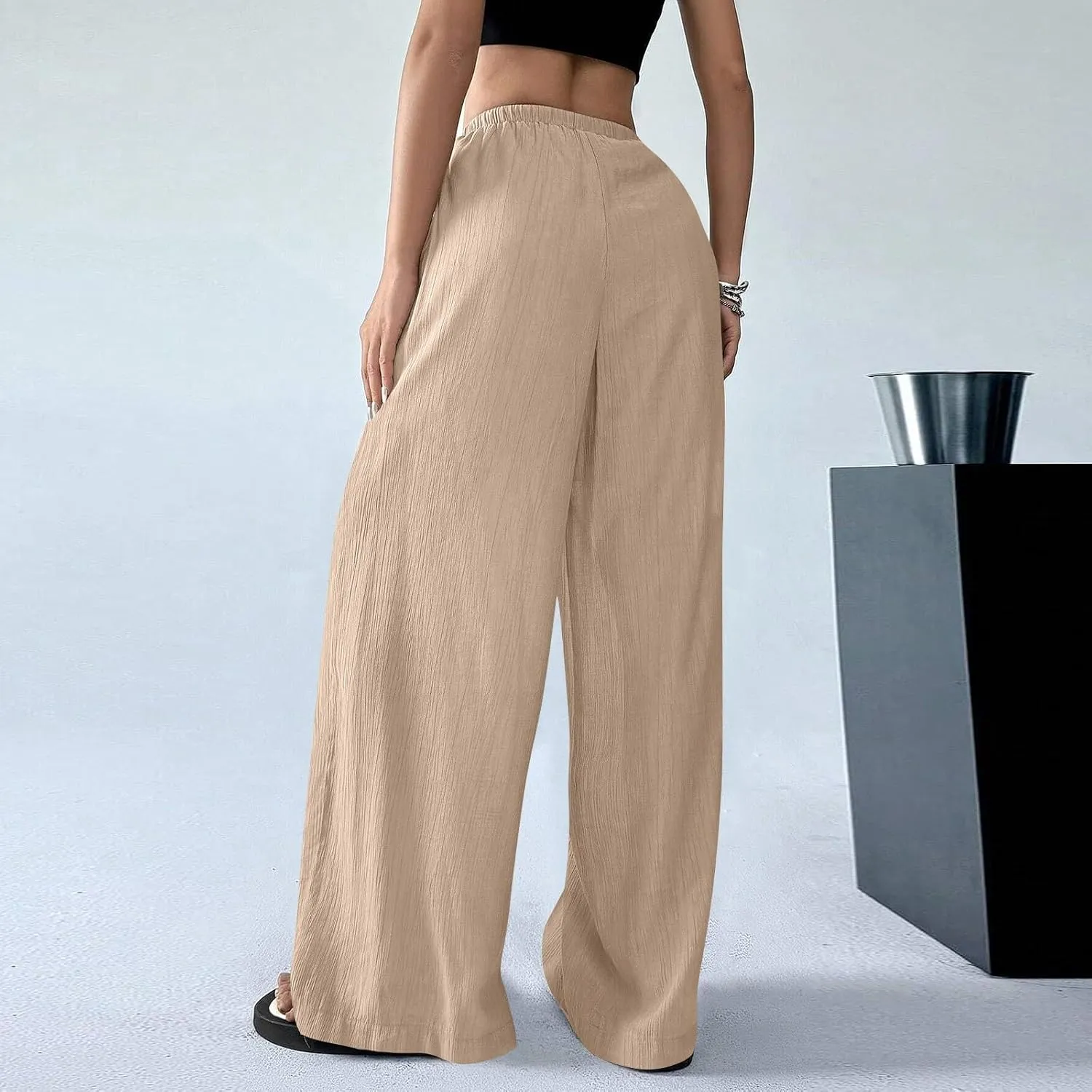 Women's Pants Elastic Waist Drawstring Sumemr Pants Straight Wide Leg High Waisted with Pockets Comfy Slacks Clothes