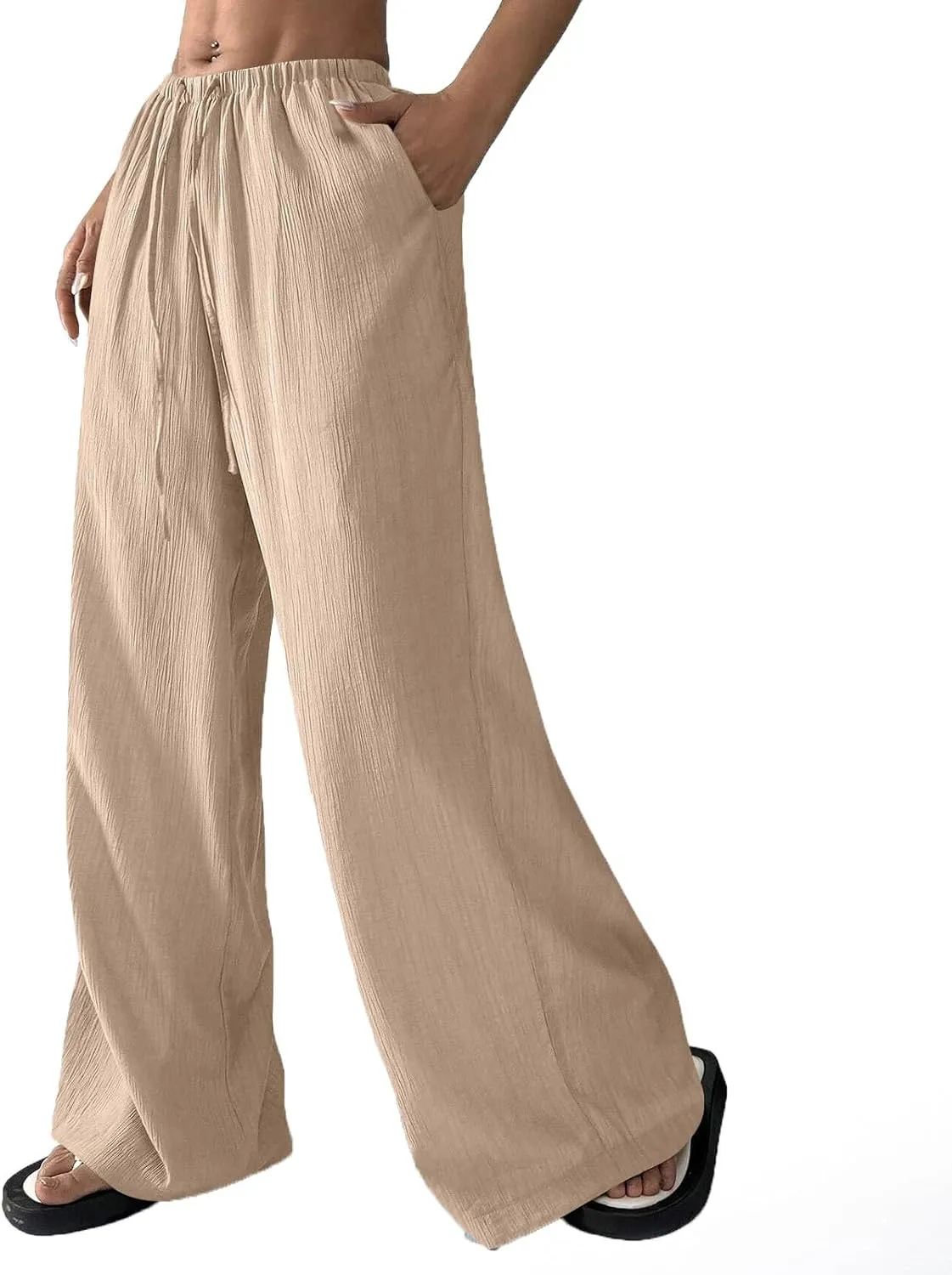 Women's Pants Elastic Waist Drawstring Sumemr Pants Straight Wide Leg High Waisted with Pockets Comfy Slacks Clothes
