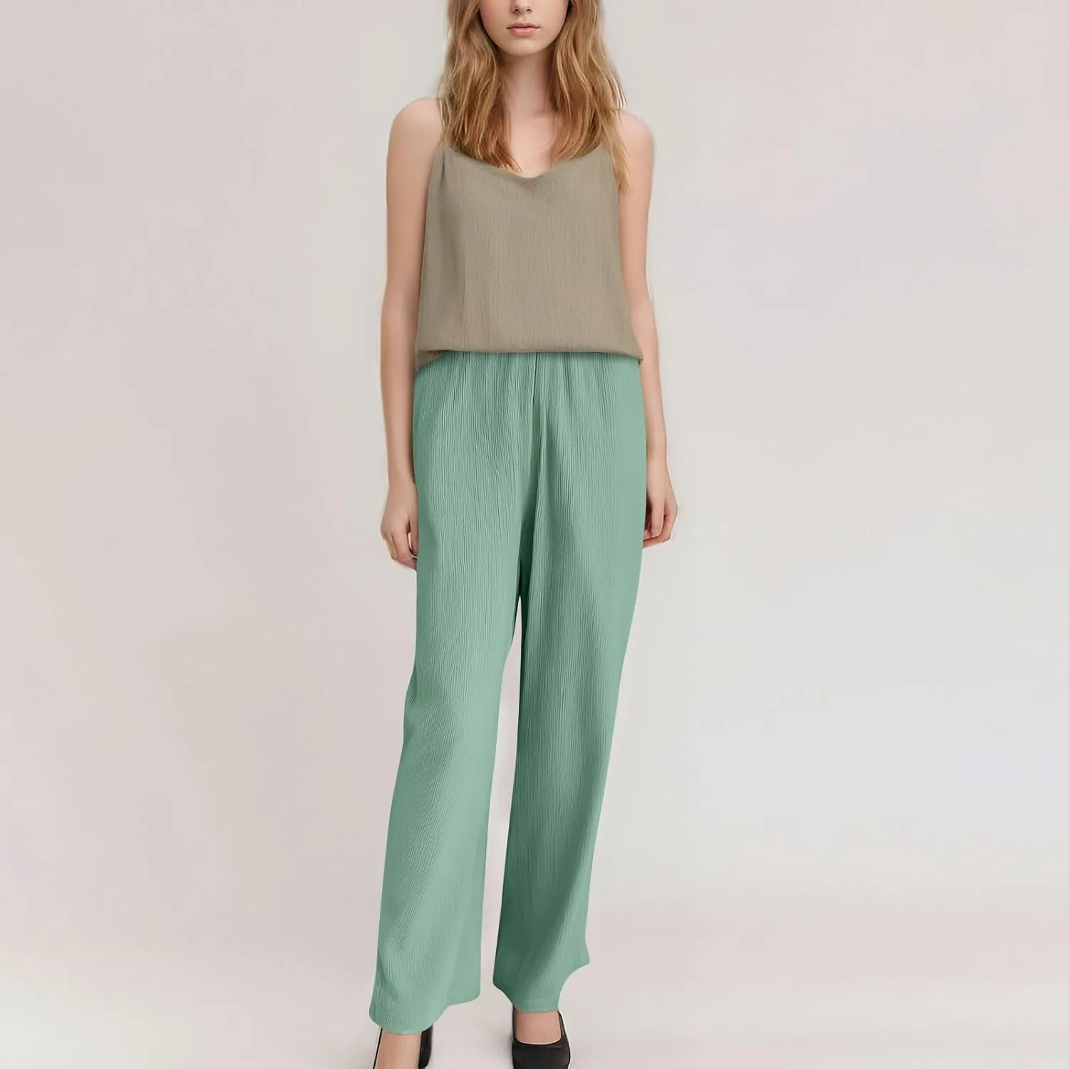 Women's Pants Elastic Waist Drawstring Sumemr Pants Straight Wide Leg High Waisted with Pockets Comfy Slacks Clothes