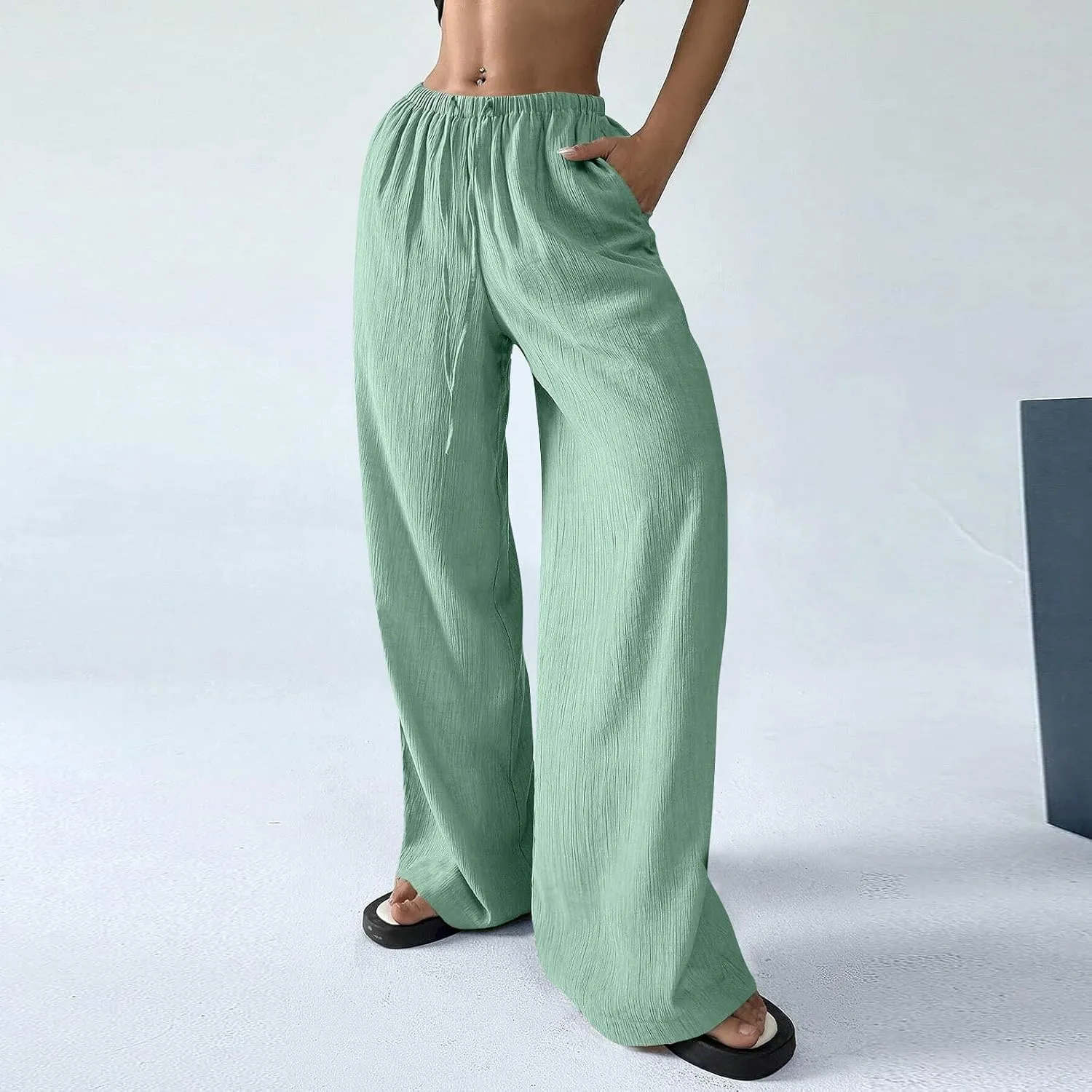 Women's Pants Elastic Waist Drawstring Sumemr Pants Straight Wide Leg High Waisted with Pockets Comfy Slacks Clothes