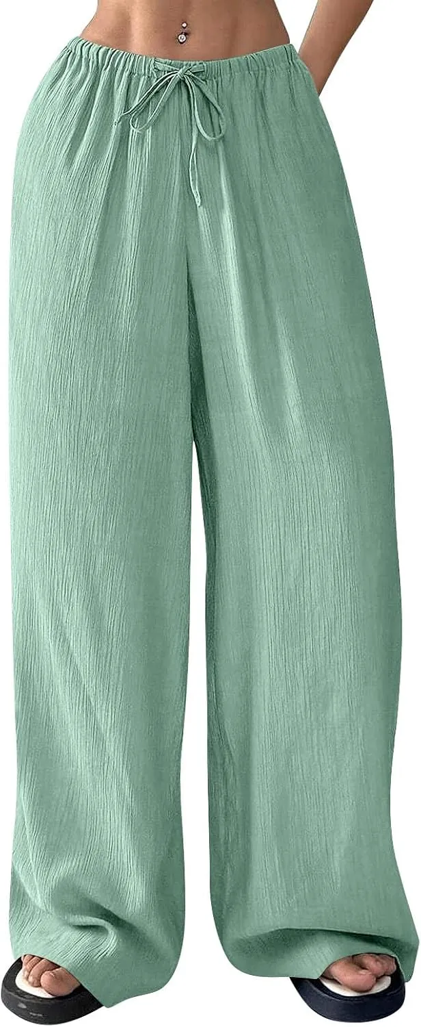 Women's Pants Elastic Waist Drawstring Sumemr Pants Straight Wide Leg High Waisted with Pockets Comfy Slacks Clothes