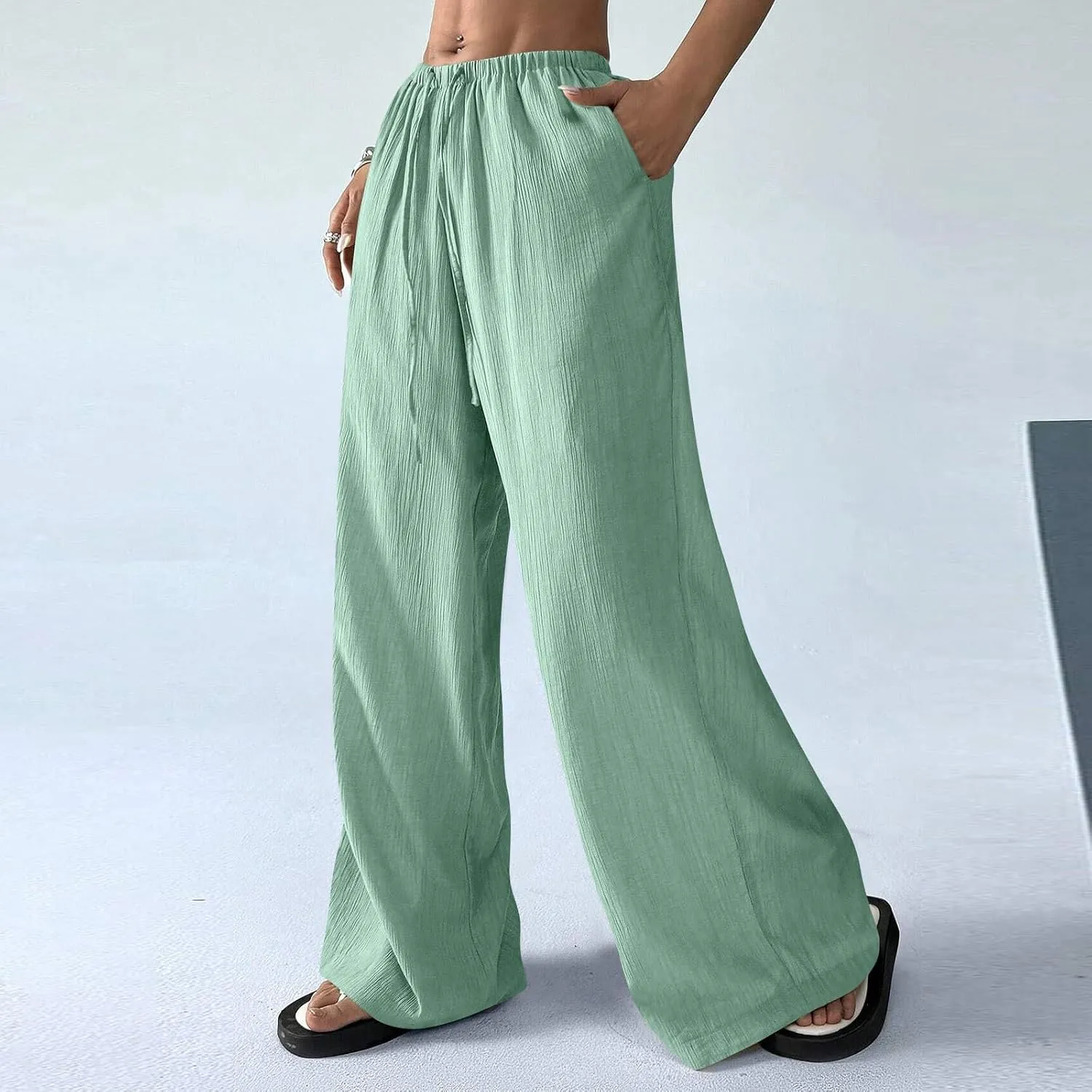 Women's Pants Elastic Waist Drawstring Sumemr Pants Straight Wide Leg High Waisted with Pockets Comfy Slacks Clothes