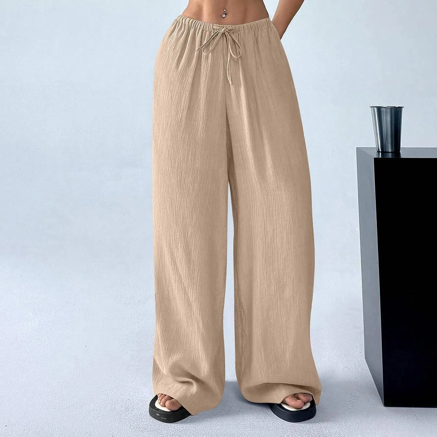 Women's Pants Elastic Waist Drawstring Sumemr Pants Straight Wide Leg High Waisted with Pockets Comfy Slacks Clothes