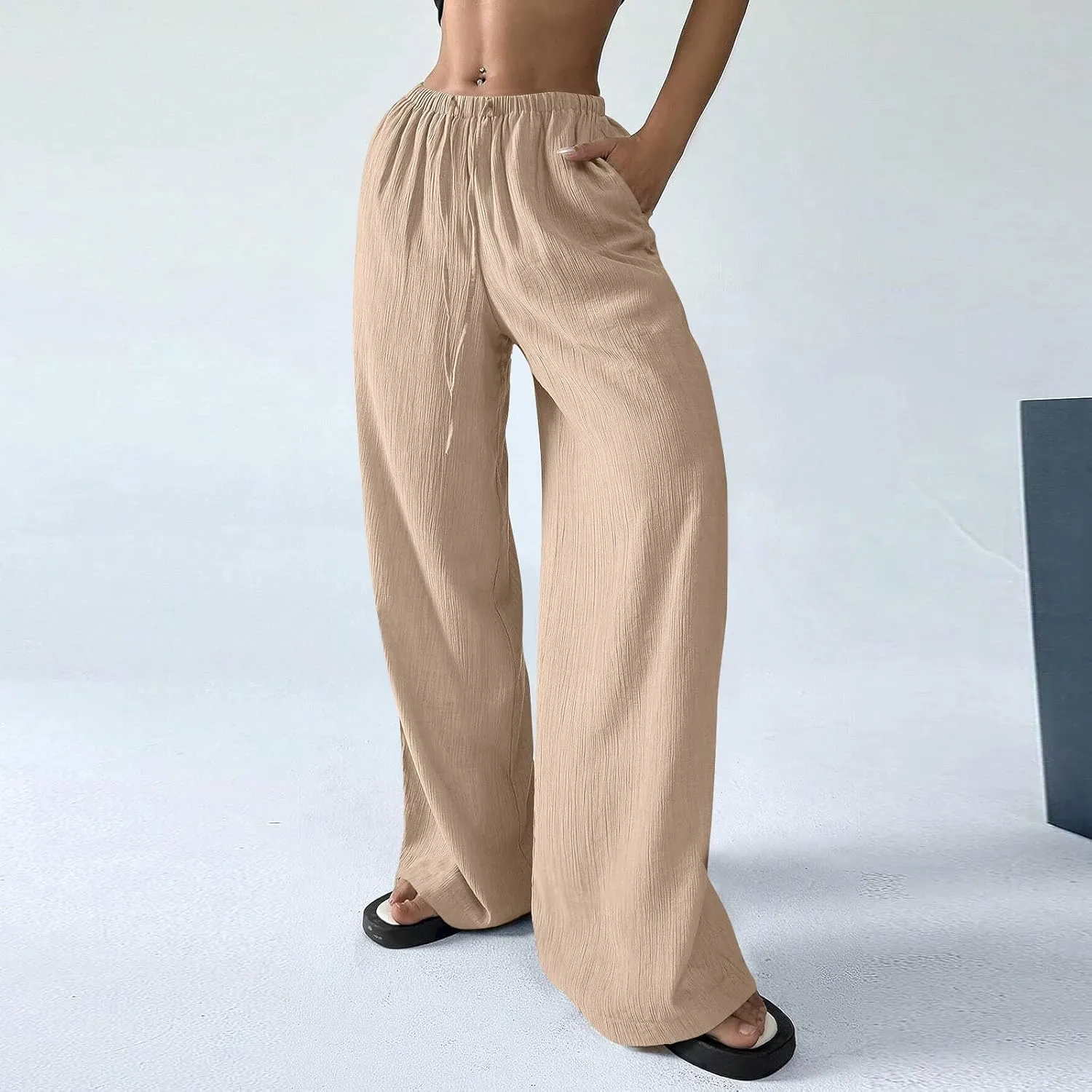 Women's Pants Elastic Waist Drawstring Sumemr Pants Straight Wide Leg High Waisted with Pockets Comfy Slacks Clothes