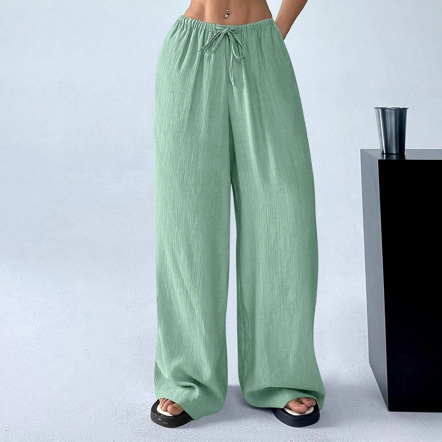 Women's Pants Elastic Waist Drawstring Sumemr Pants Straight Wide Leg High Waisted with Pockets Comfy Slacks Clothes