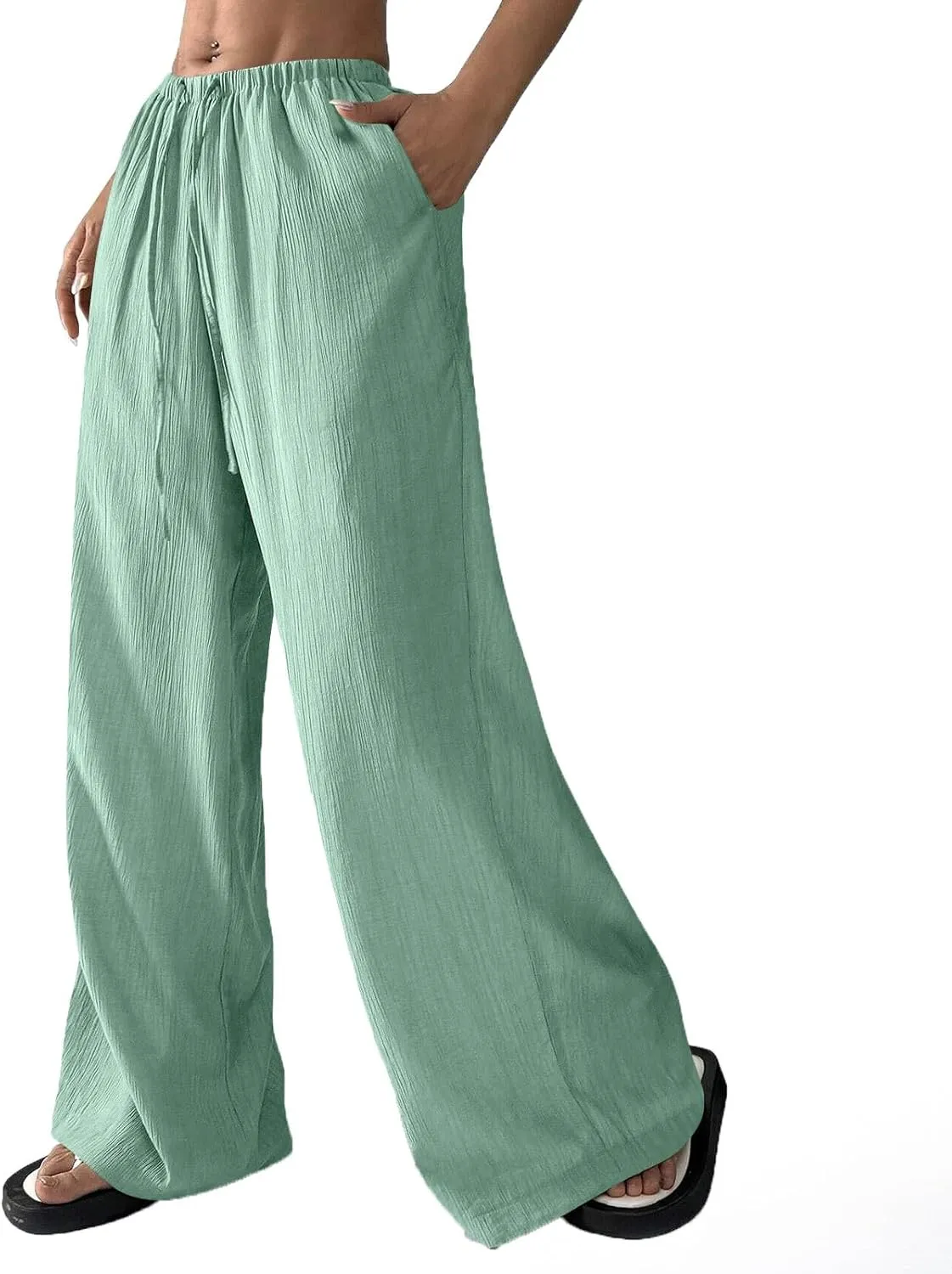 Women's Pants Elastic Waist Drawstring Sumemr Pants Straight Wide Leg High Waisted with Pockets Comfy Slacks Clothes