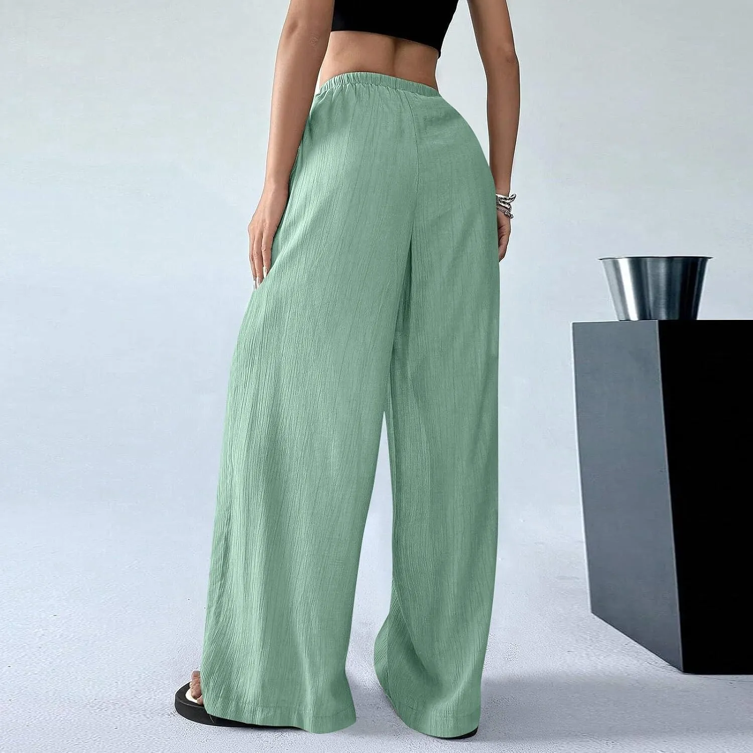 Women's Pants Elastic Waist Drawstring Sumemr Pants Straight Wide Leg High Waisted with Pockets Comfy Slacks Clothes
