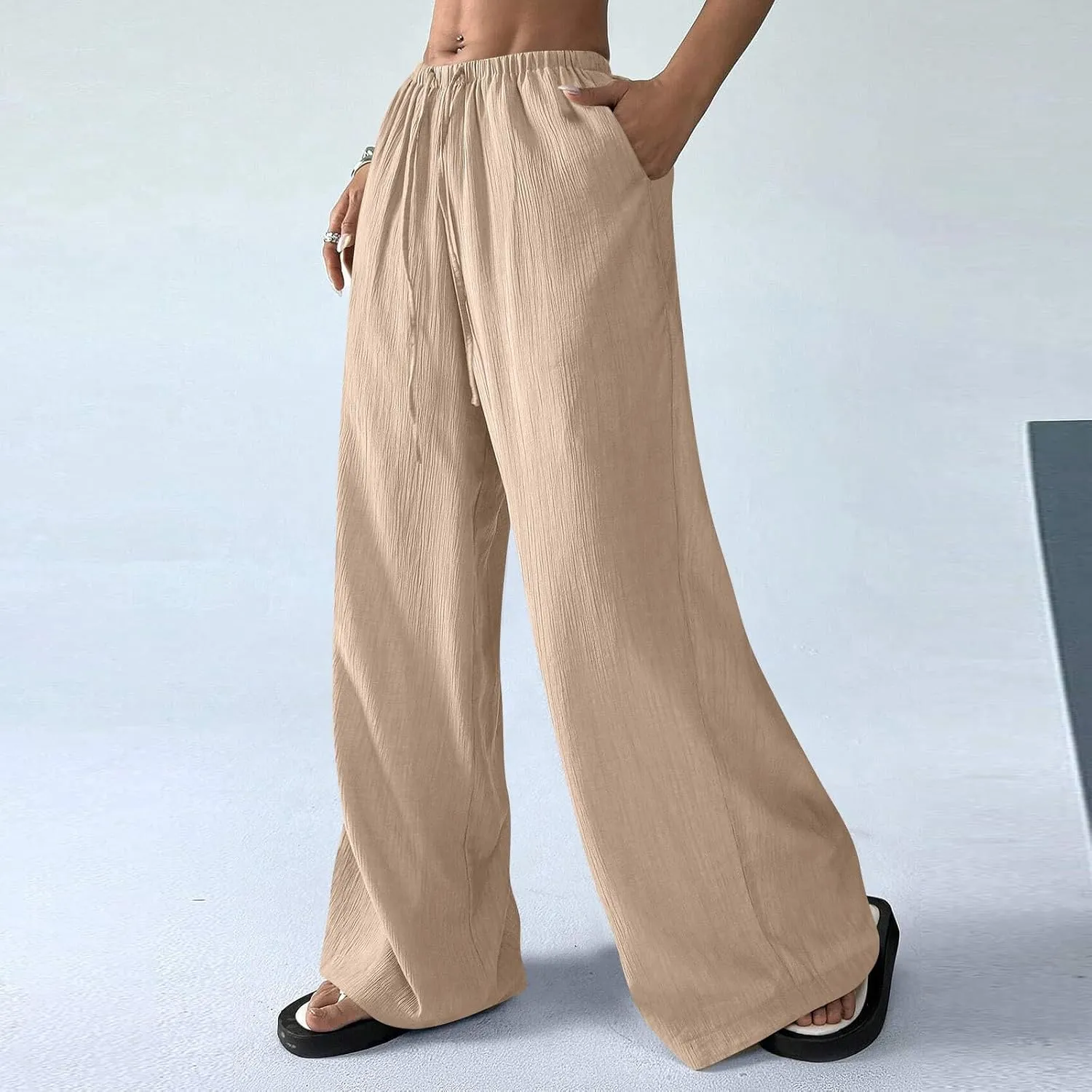 Women's Pants Elastic Waist Drawstring Sumemr Pants Straight Wide Leg High Waisted with Pockets Comfy Slacks Clothes