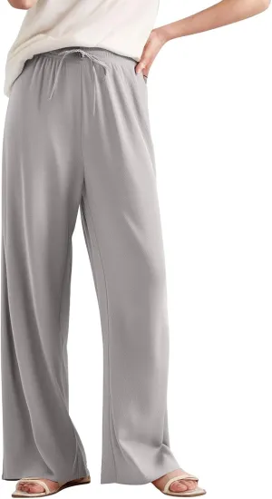 Women's Pants Flowy Long Wide Leg High Waisted Trousers Stretchy Drawstring Pleated Pull On Vacation Trousers