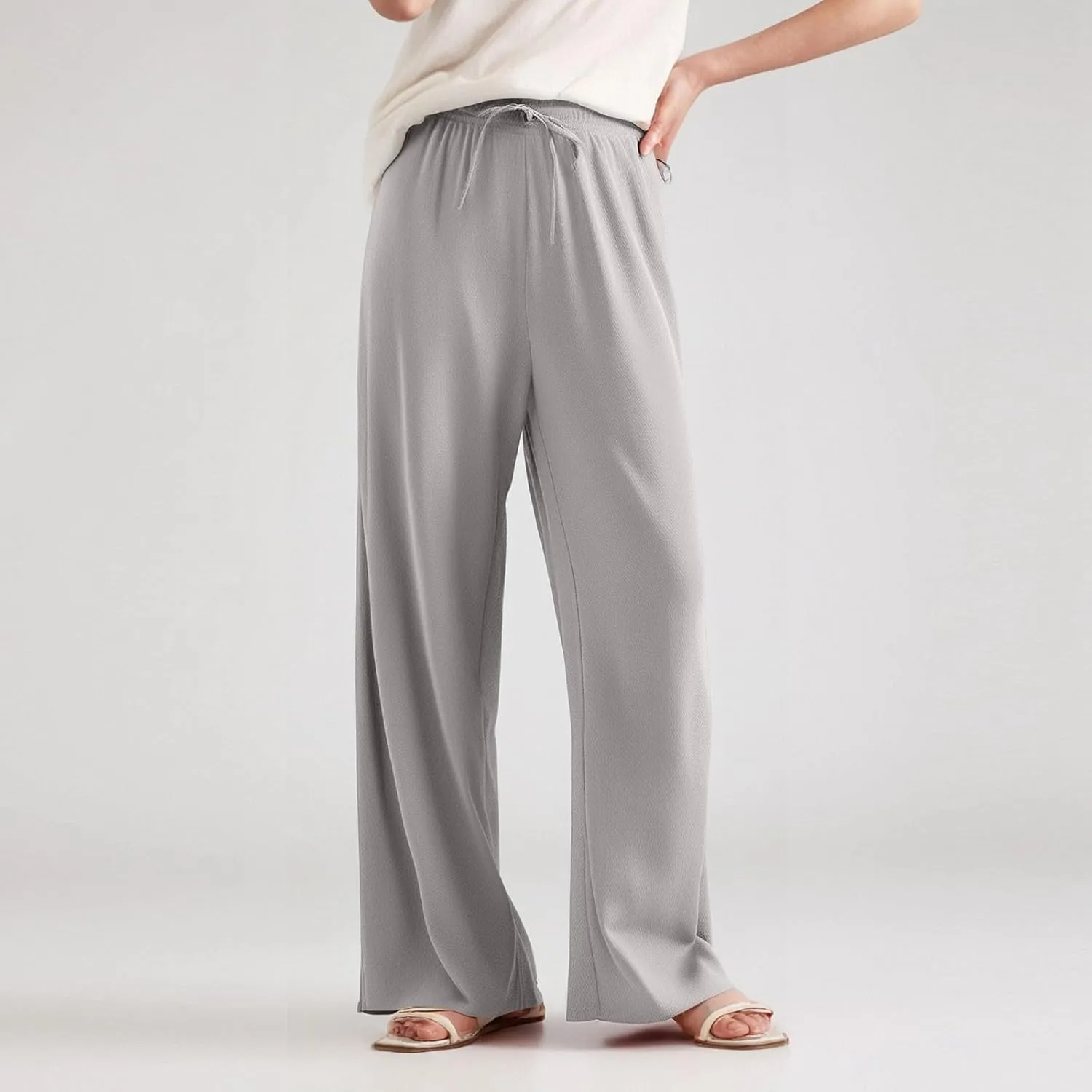Women's Pants Flowy Long Wide Leg High Waisted Trousers Stretchy Drawstring Pleated Pull On Vacation Trousers