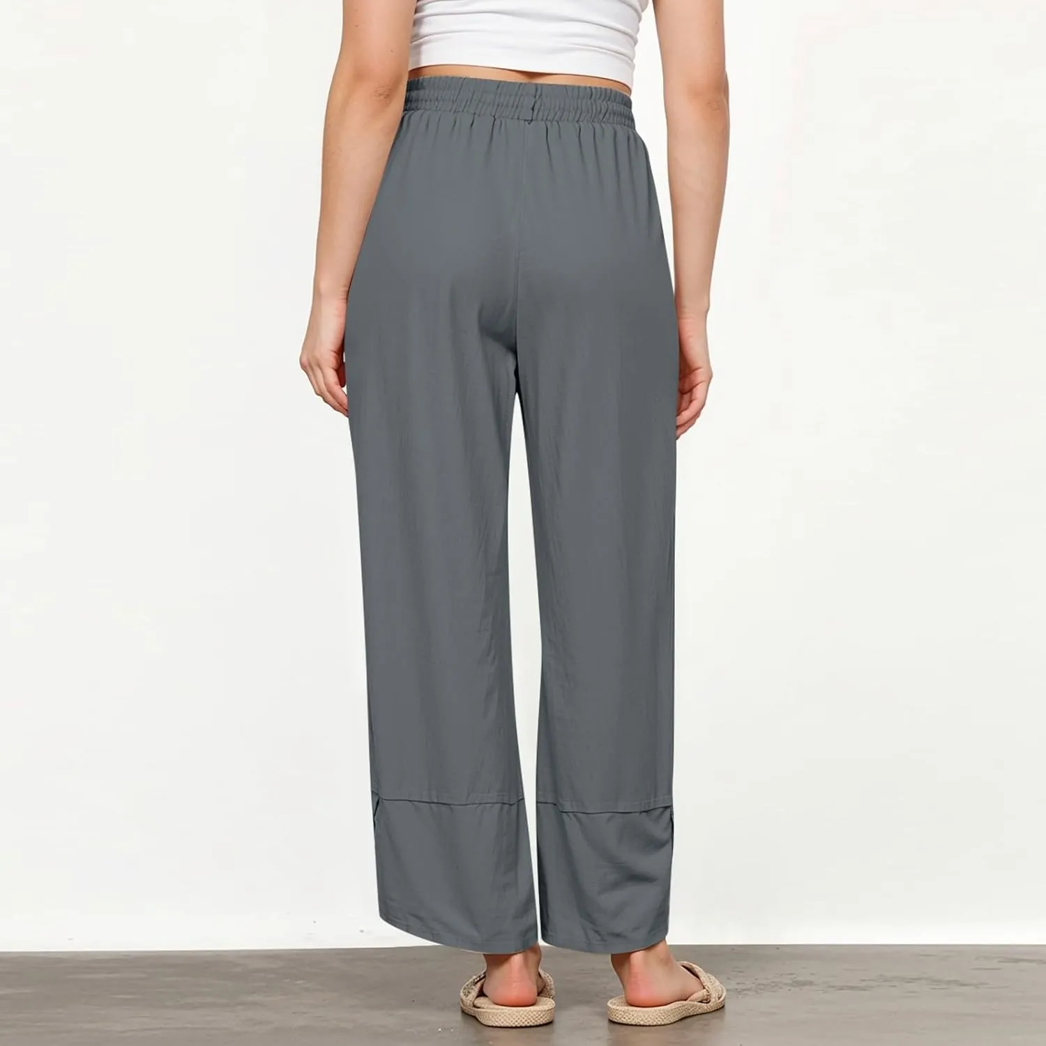 Women's Pants Lightweight Elastic Waist Sumemr Pants Straight Wide Leg High Waisted with Pockets Loose Fit Trousers